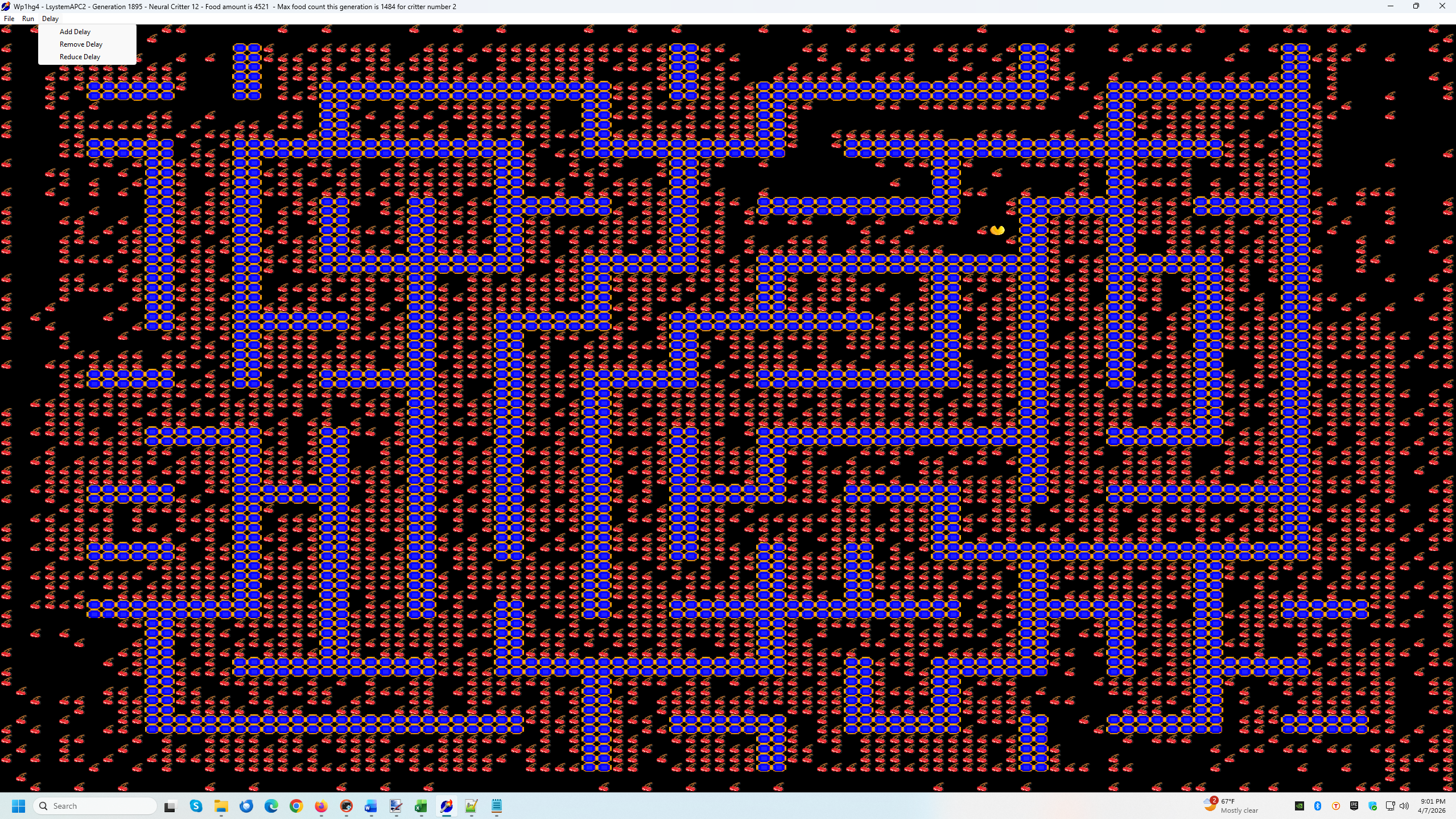 Image of testing world Maze World.  An actual maze with barrier walls two cells thick.  Border around world is open.