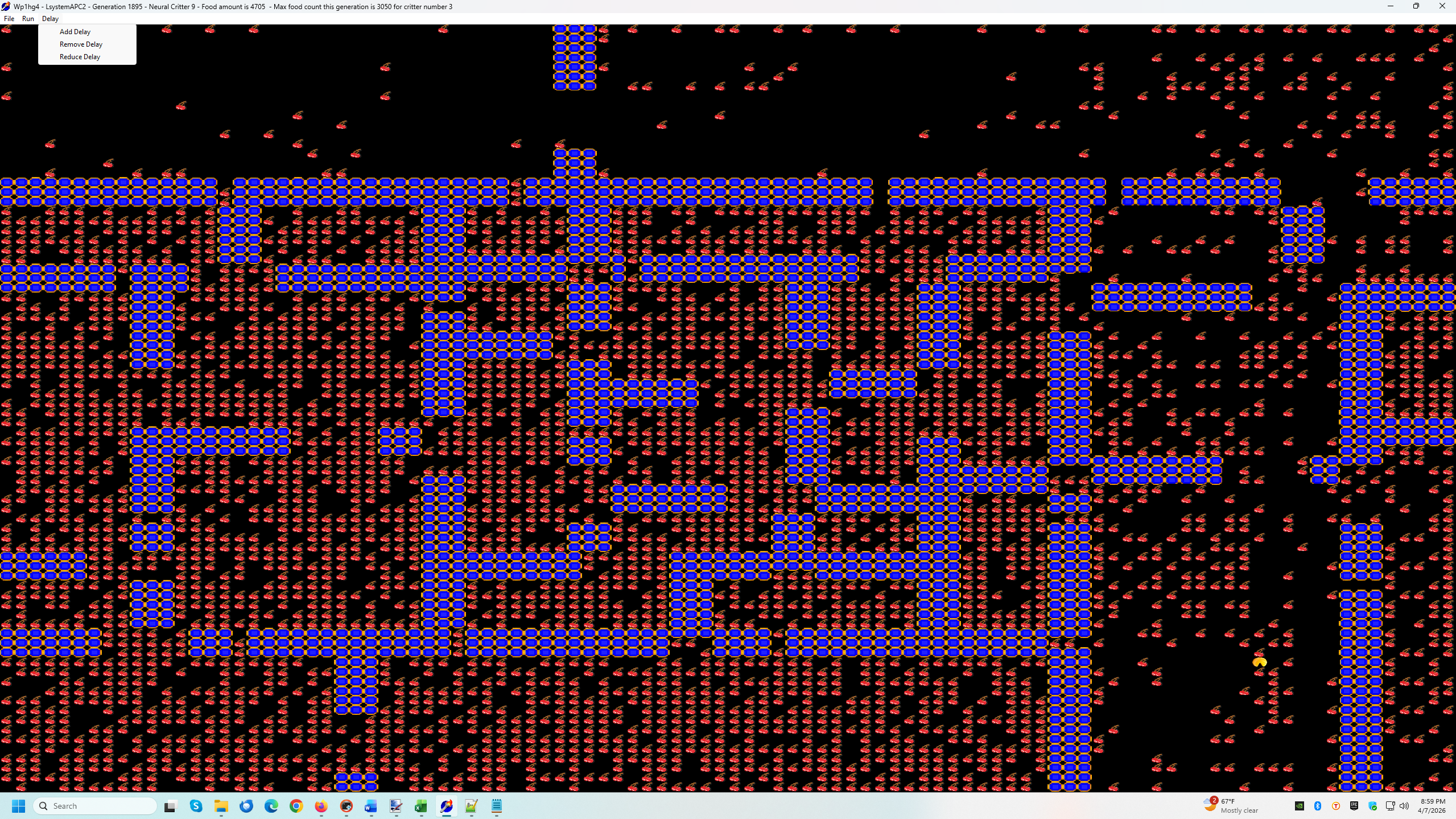 Image of testing world Pac-man World.  Random 3 cell wide, random length rectangles, a bit like a maze