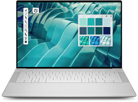 A silver laptop with the screen open and on showing a blue background.